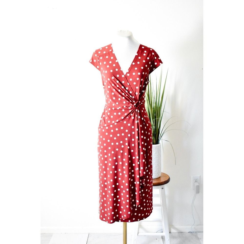 Robbie Bee Polka Dot Dress Womens M Red 90s Y2K Faux Wrap Midi Ring Detail
